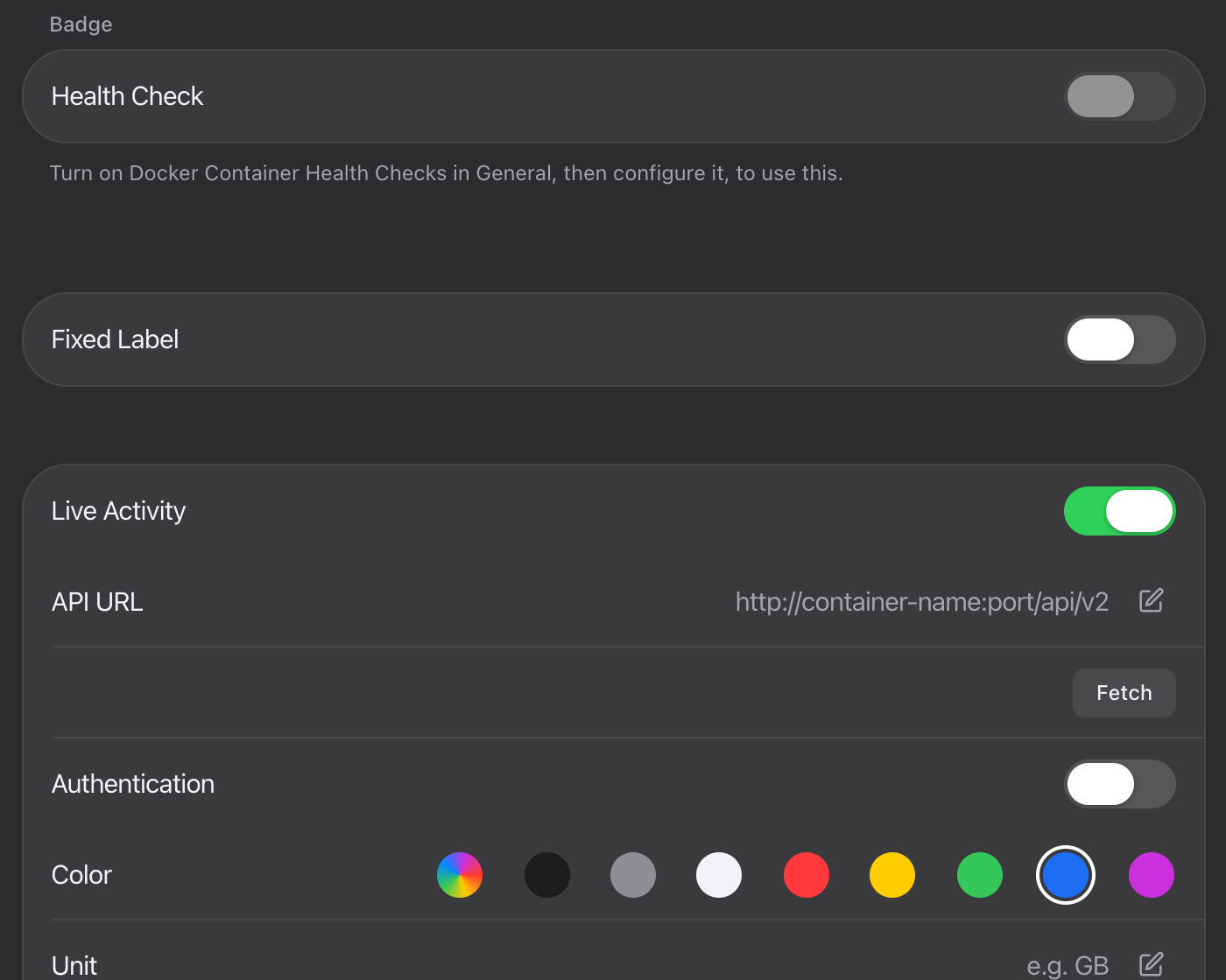 The Badge section of an app's edit form: Health Check, Fixed Label and Live Activity