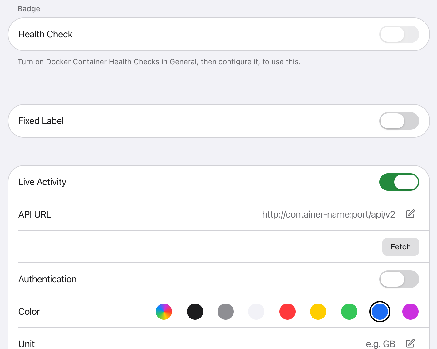 The Badge section of an app's edit form: Health Check, Fixed Label and Live Activity