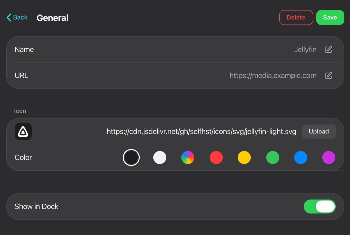 The app edit form, showing Name, URL, Icon and Color
