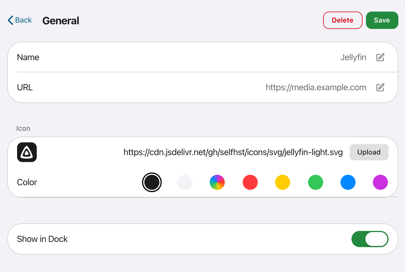 The app edit form, showing Name, URL, Icon and Color
