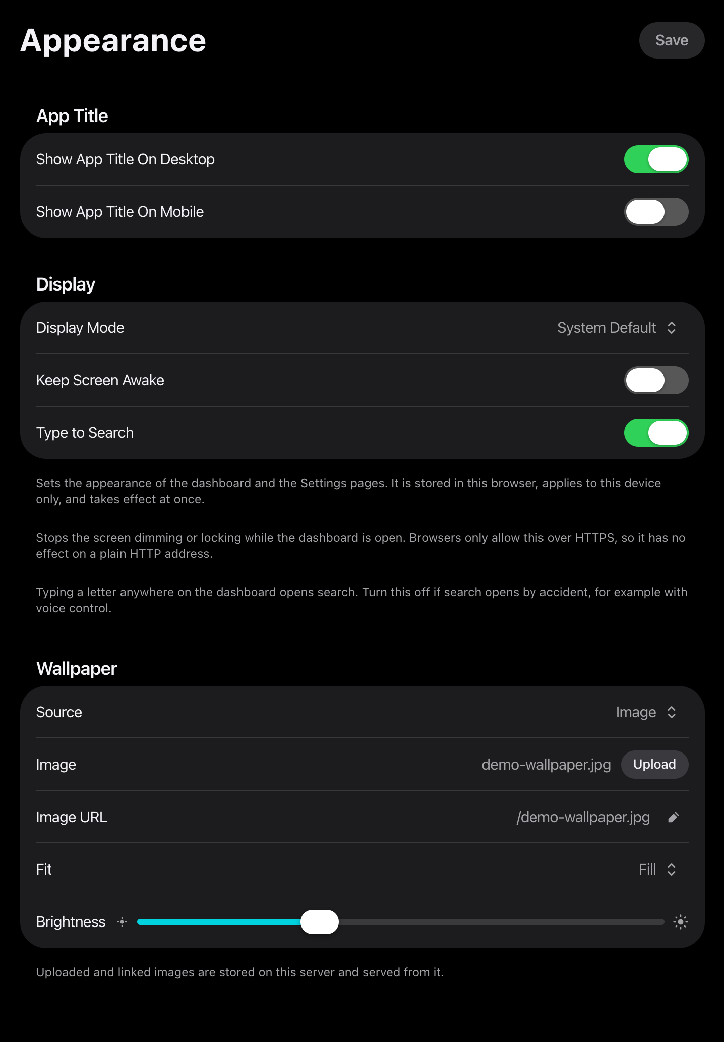 The Appearance section of the admin UI
