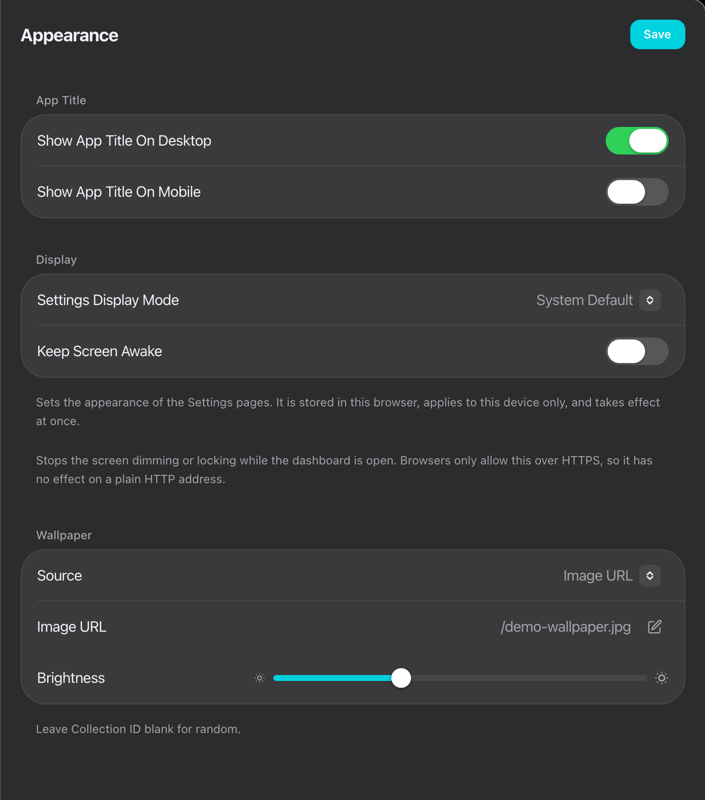 The Appearance section of the admin UI