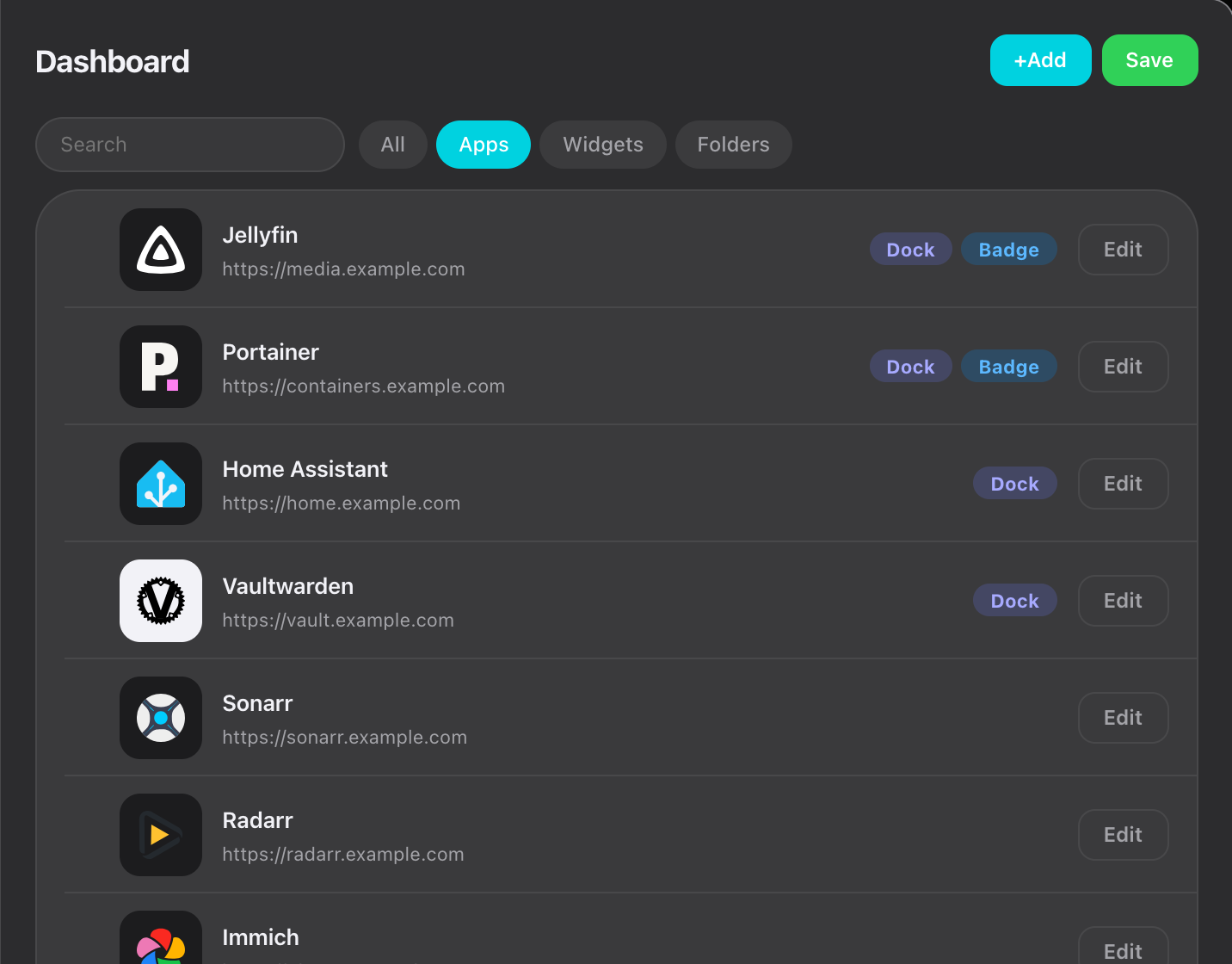 The list filtered to apps, showing Dock and Badge tags