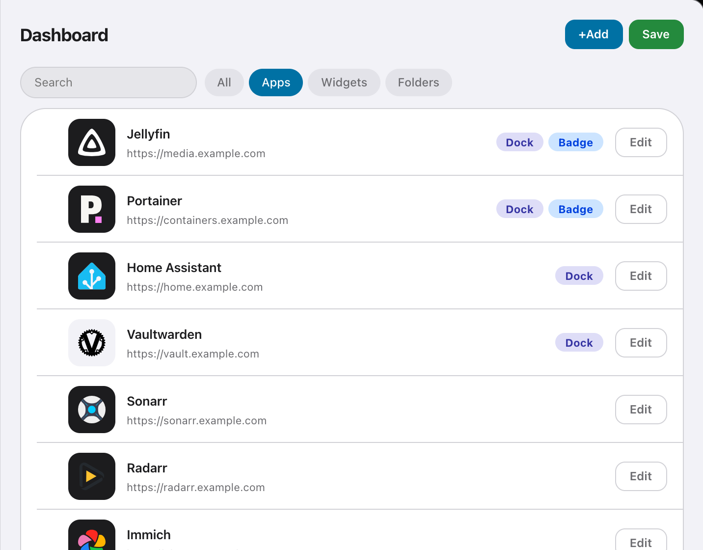 The list filtered to apps, showing Dock and Badge tags