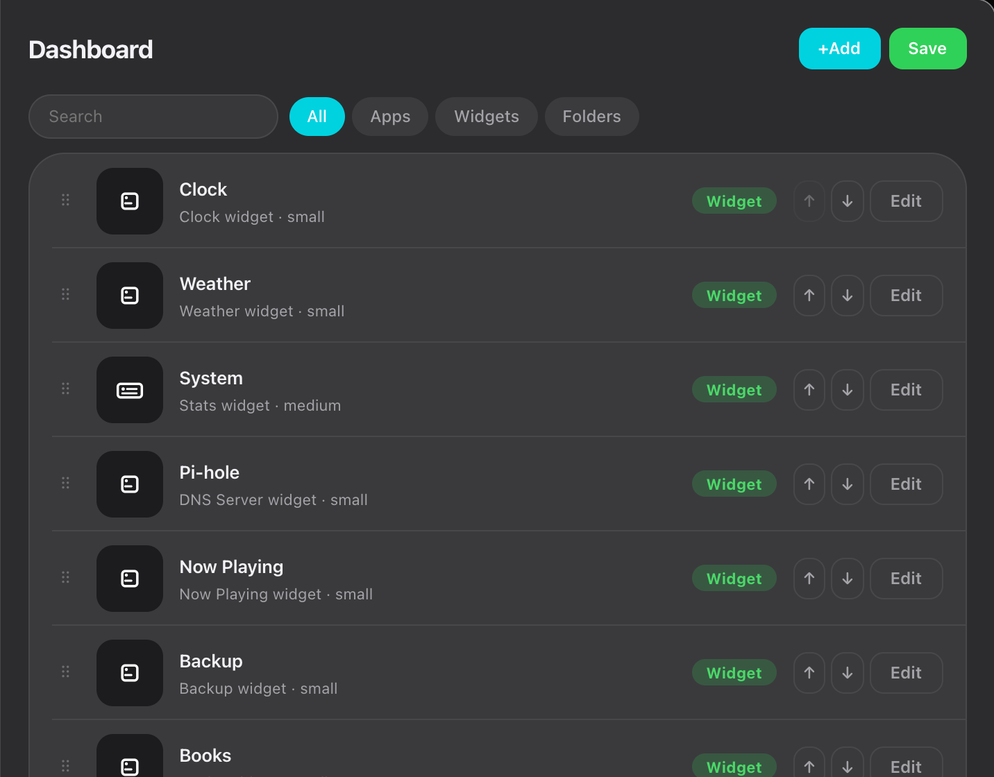 The Dashboard list, with drag handles, move arrows and an Edit button on each row