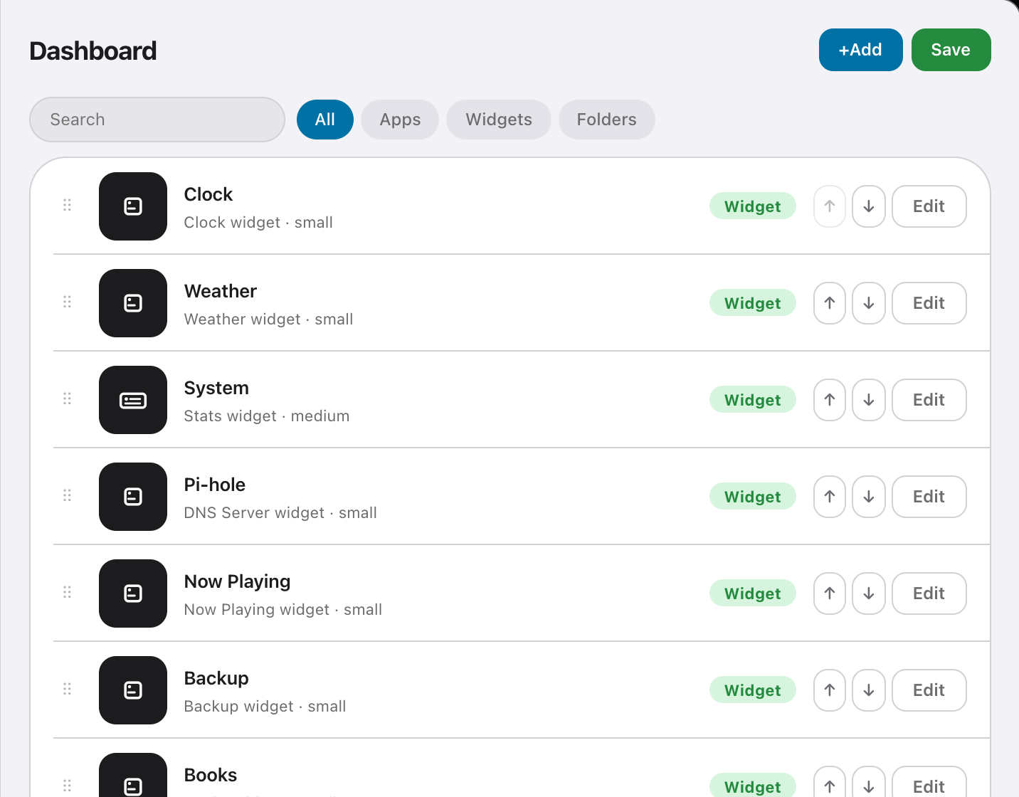 The Dashboard list, with drag handles, move arrows and an Edit button on each row